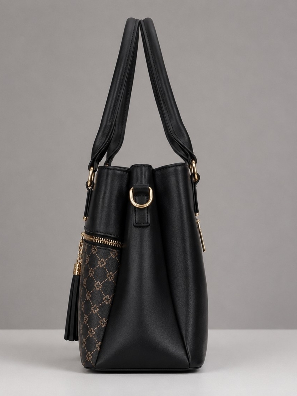 Women’s Black Satchel Handbag Crossbody Purse Gold Hardware Tassel 3 Compartment - Picture 3 of 6